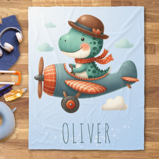 Söt liten Trex-dinosaur flygande flygplan Fleecefilt (Skapare uppladdad)