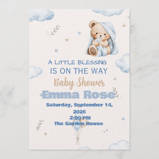 Söt liten välsignelse Teddybjörn Bebis-babyshower- Inbjudningar (Framsida)