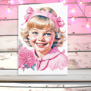 Söt liten vintageflicka Rosa jul Helgkort