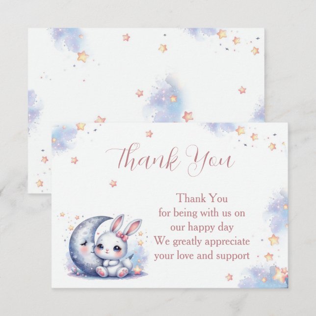 Söt liten vit kanin och en halvmåne silvermåne tack kort (Fram/baksida)
