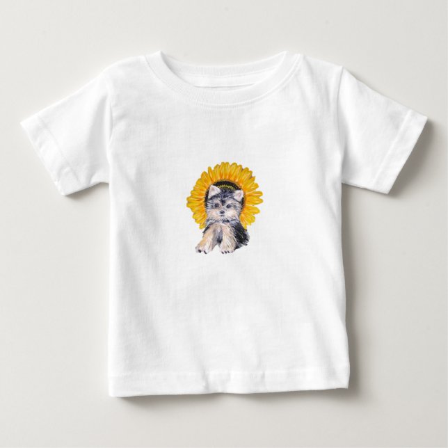 Söt liten Yorkshire-valp hund & solros konst T-shirt (Framsida)