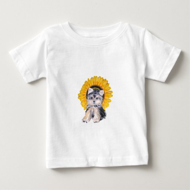 Söt liten Yorkshire-valp hund & solros konst Tee (Framsida)