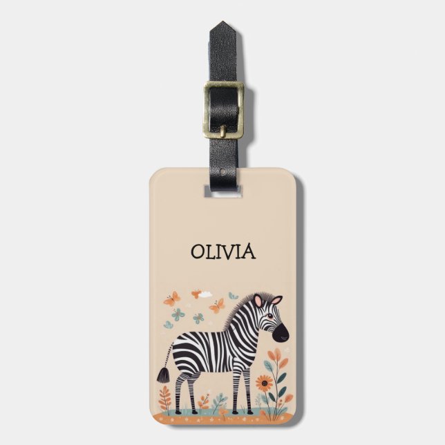 Söt Liten Zebra med Blommor och Fjärilar Bagagebricka (Vertikal Framsida)
