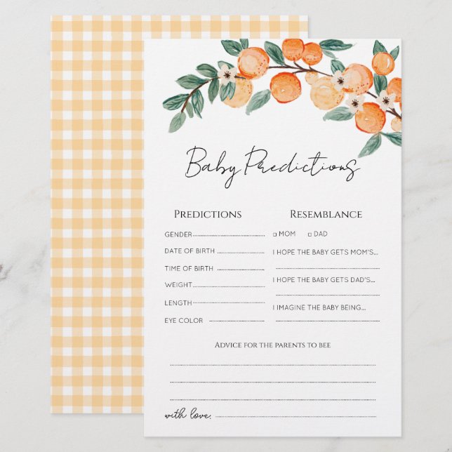 Söt litet orange baby shower predictions card (Fram/baksida)