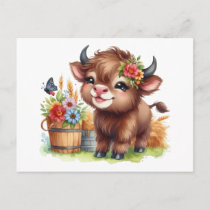 Söt Little Baby Buffalo Watercolor Vykort