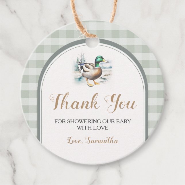 Söt Little Duckling Mallard Gingham Baby Shower Gåvor Etiketter (Framsida)