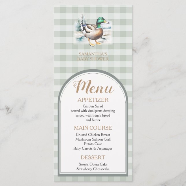 Söt Little Duckling Mallard Gingham Baby Shower Meny (Framsida)