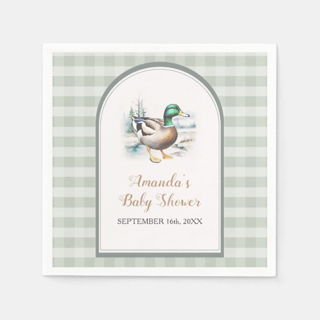 Söt Little Duckling Mallard Gingham Baby Shower Pappersservett (Framsidan)