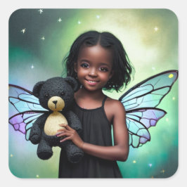 Söt Little Fairy Girl med Nalle Fyrkantigt Klistermärke