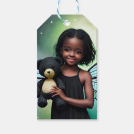 Söt Little Fairy Girl med Nalle Presentetikett