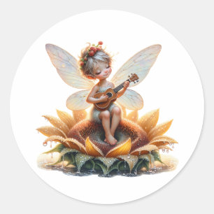 Söt Little Fairy on Sunblomme with Ukulele Runt Klistermärke