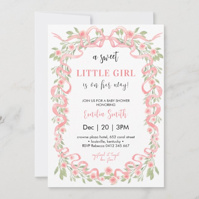 Söt Little Girl Blommigt Ribbon Baby Shower Inbjudningar (Framsida)