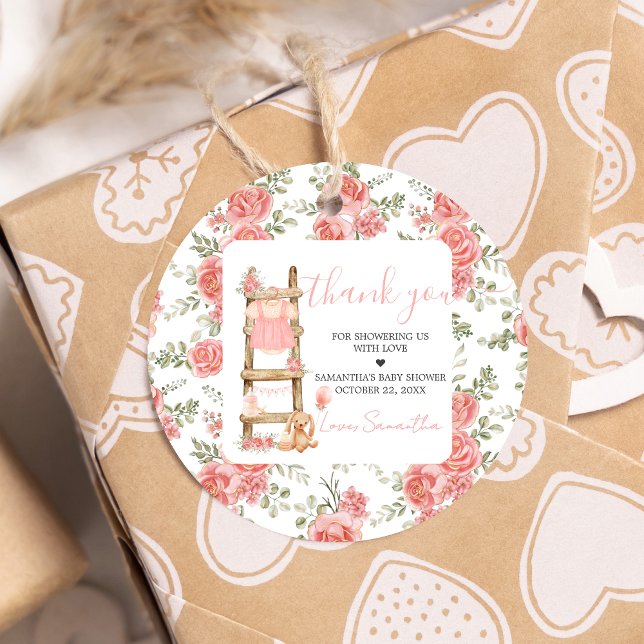 Söt Little Girl Boho Baby Shower Round Gåvor Etiketter (Pink Boho Clothes Baby Shower Favor Tags)