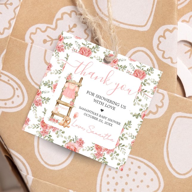 Söt Little Girl Boho Baby Shower Square Gåvor Etiketter (Pink Boho Clothes Baby Shower Favor Tags)