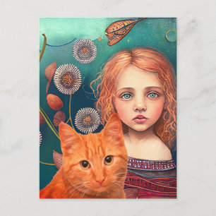 SÖT LITTLE GIRL & GINGER CAT-POSTCARD VYKORT