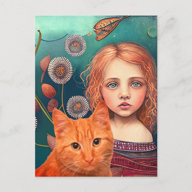 SÖT LITTLE GIRL & GINGER CAT-POSTCARD VYKORT (Framsida)