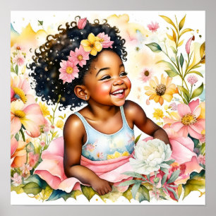 Söt Little Girl in Rosa Flowers Watercolor Art Poster