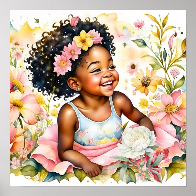 Söt Little Girl in Rosa Flowers Watercolor Art Poster (Framsidan)