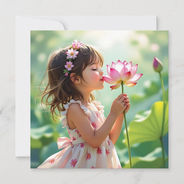 Söt Little Girl Smelling a Rosa ros (Framsida)