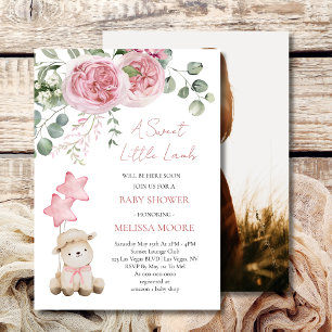 Söt Little Lamb Mauve Rosa babyduschfoto Inbjudningar