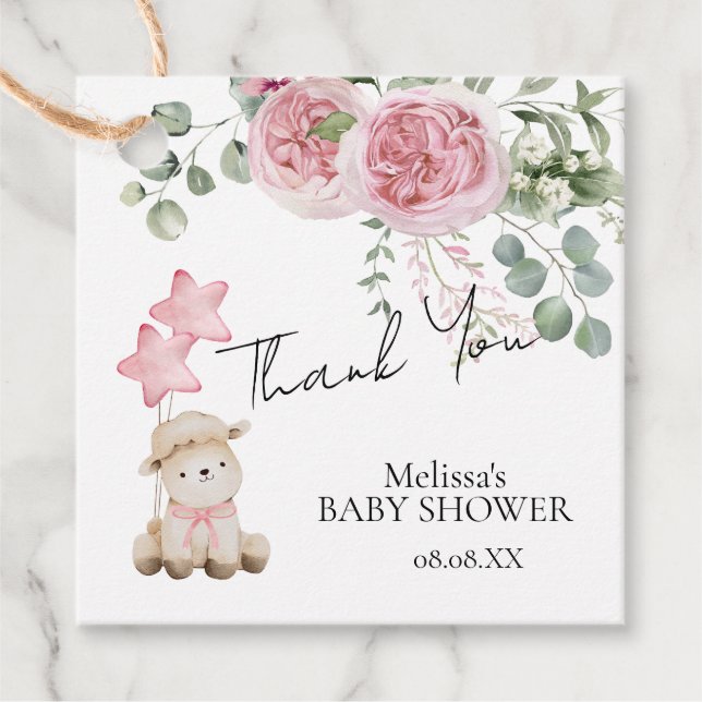 Söt Little Lamb  Rosa ros Greenery Gåvor Etiketter (Framsida)