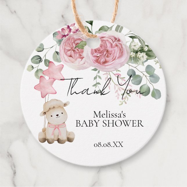 Söt Little Lamb  Rosa ros Greenery Gåvor Etiketter (Framsida)