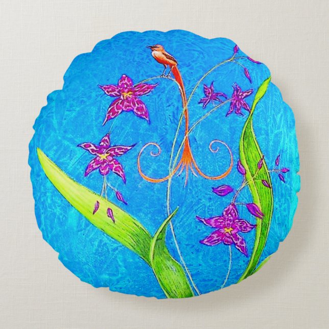 Söt Little Orchid Bird (Red) Rund Kudde (Framsidan)