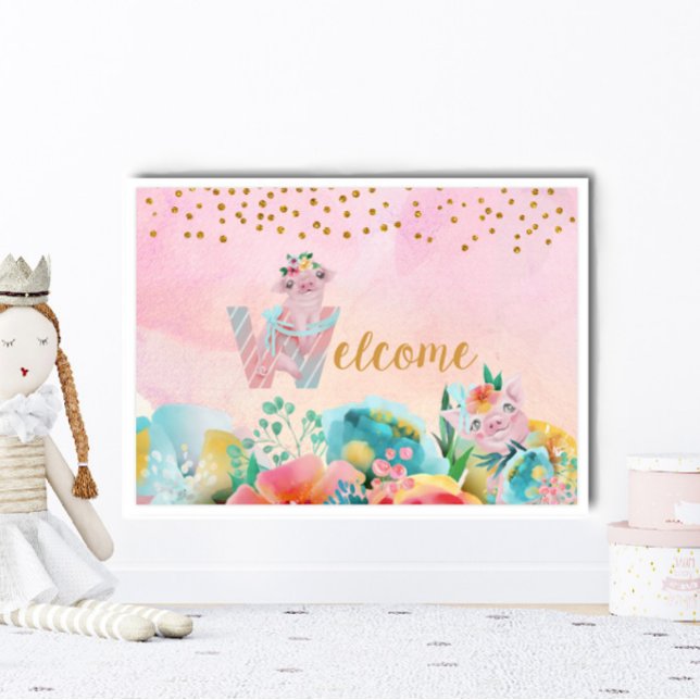 Söt Little Pig Welcome Sign Child Room Poster (Skapare uppladdad)