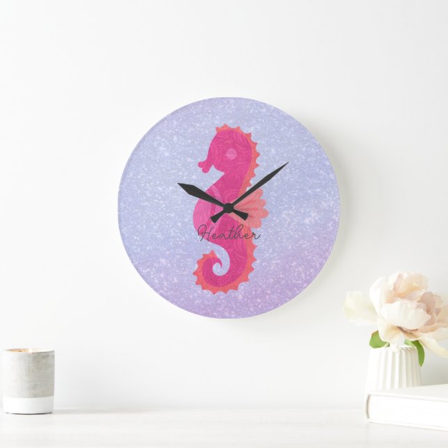 Söt Little Rosa Seahorse Large Clock Stor Klocka (Hem)