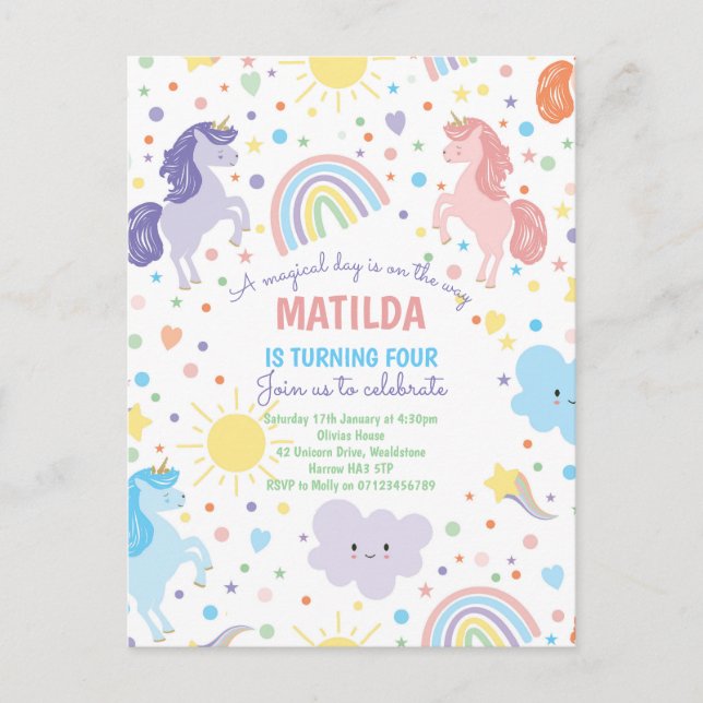 Söt Little Unicorns Postcard Party-inbjudningar. Vykort (Framsida)