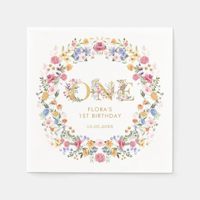 Söt Little WildblomGirl 1st Birthday Party Pappersservett (Framsidan)