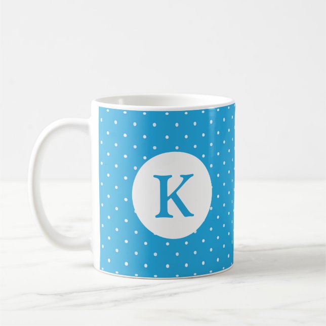 Söt ljusblå prickmönstrad monogram kaffemugg (Vänster)