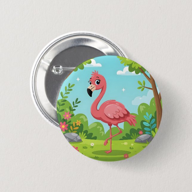 Söt ljusrosa flamingo i trädgården knapp (Framsida & baksida)