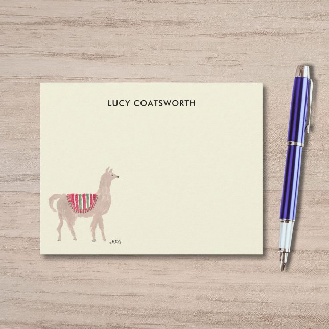 Söt Llama Boho Handmålad Personlig Crème Anteckningskort (This notecard shows a cute llama wearing a red blanket -- my own original watercolor art.)