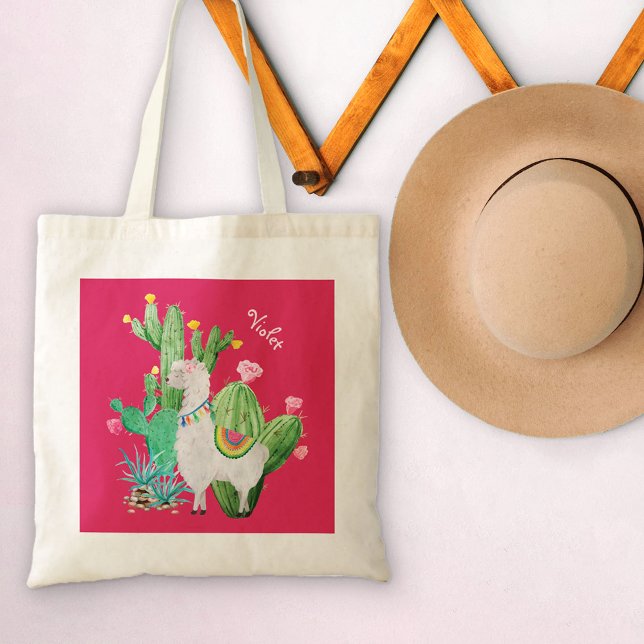 Söt Llama i Cactus Garden med Rosa Flowers Tygkasse (Skapare uppladdad)