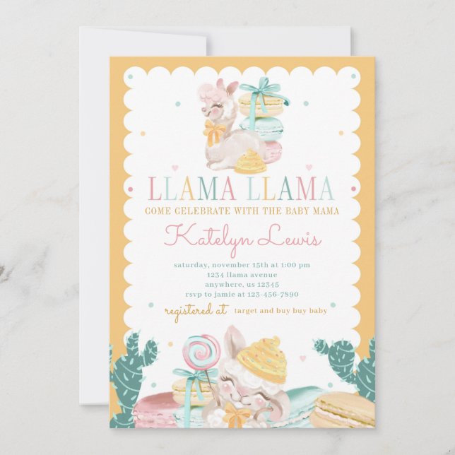 Söt Llama Pastel Baby Shower-inbjudningskaktus Inbjudningar (Framsida)