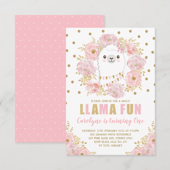 Söt Llama/Rosa Guld Blommigt Alpaca Birthday Inbjudningar (Fram/baksida)