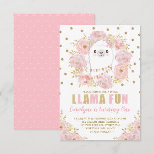Söt Llama/Rosa Guld Blommigt Alpaca Birthday Inbjudningar