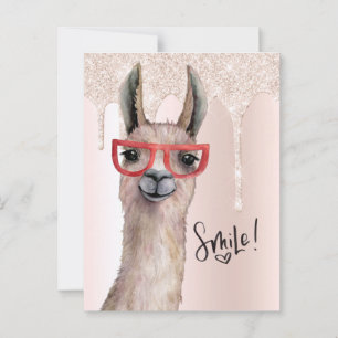 Söt Llama Tjej Pink Glitter Tack Vykort