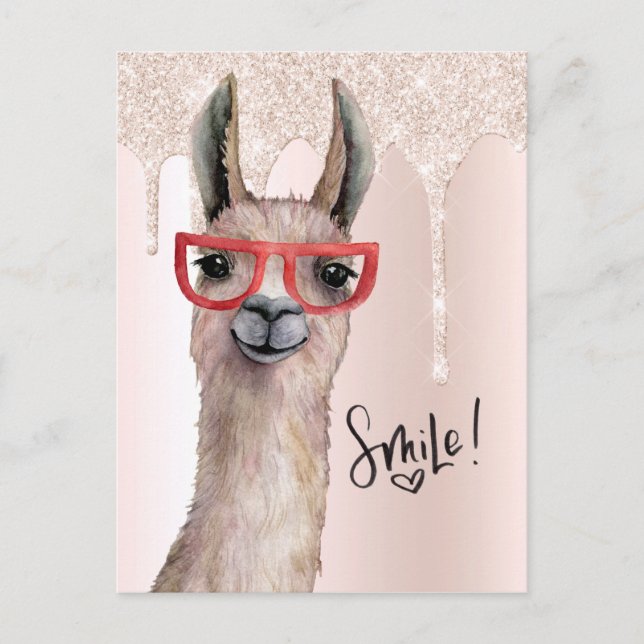 Söt Llama Tjej Pink Glitter Tänker På Dig Vykort (Framsida)