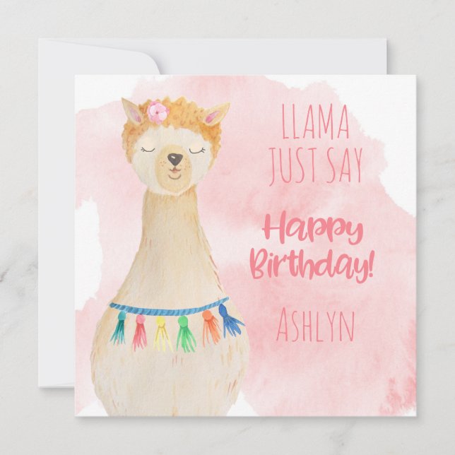Söt Llama Tjej Rosa Personlig Födelsedag Kort (Framsida)