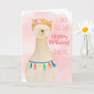 Söt Llama Tjej Rosa Personlig Födelsedag Kort