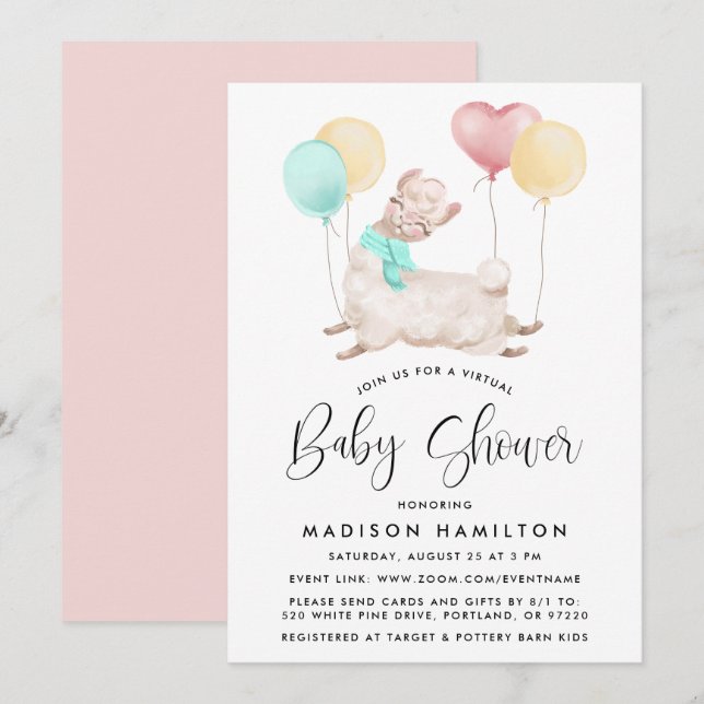 Söt Llama Virtuell Baby Shower Inbjudningar (Fram/baksida)