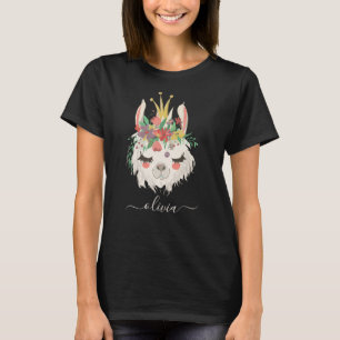 Söt Llamansikte Blommig Personlig Namn T-Shirt