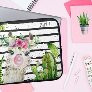 Söt Llamavattenfärg Blommig Kaktus & Ränder Laptop Fodral