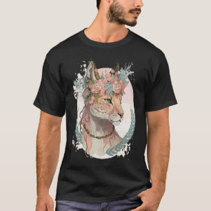Söt Lodjur Blommig Krona Floral Akvarell Djur T Shirt