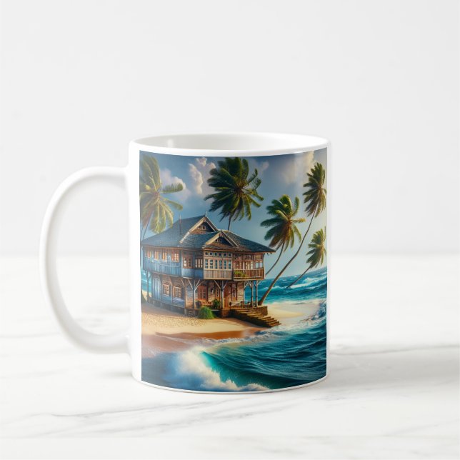 Söt Log Cabin Beach House Kaffemugg (Vänster)