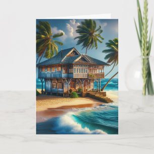 Söt Log Cabin Beach House Lycklig Blank Kort