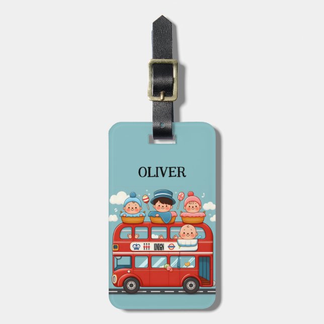 Söt London dubbeldäck buss och charmiga bebisar Bagagebricka (Vertikal Framsida)