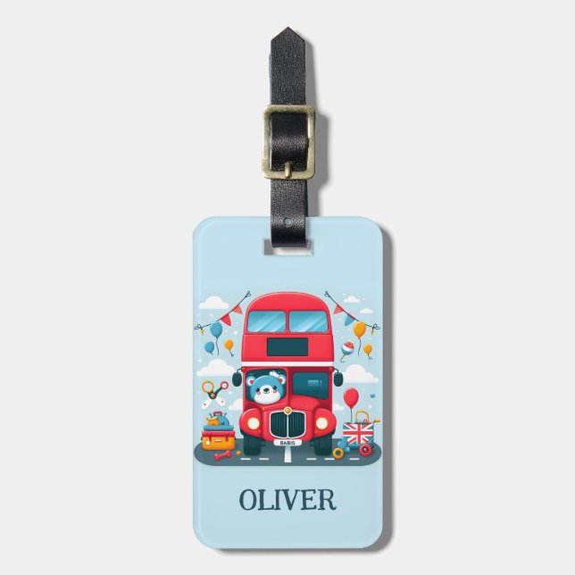 Söt London dubbeldäck buss och teddybjörn Bagagebricka (Vertikal Framsida)